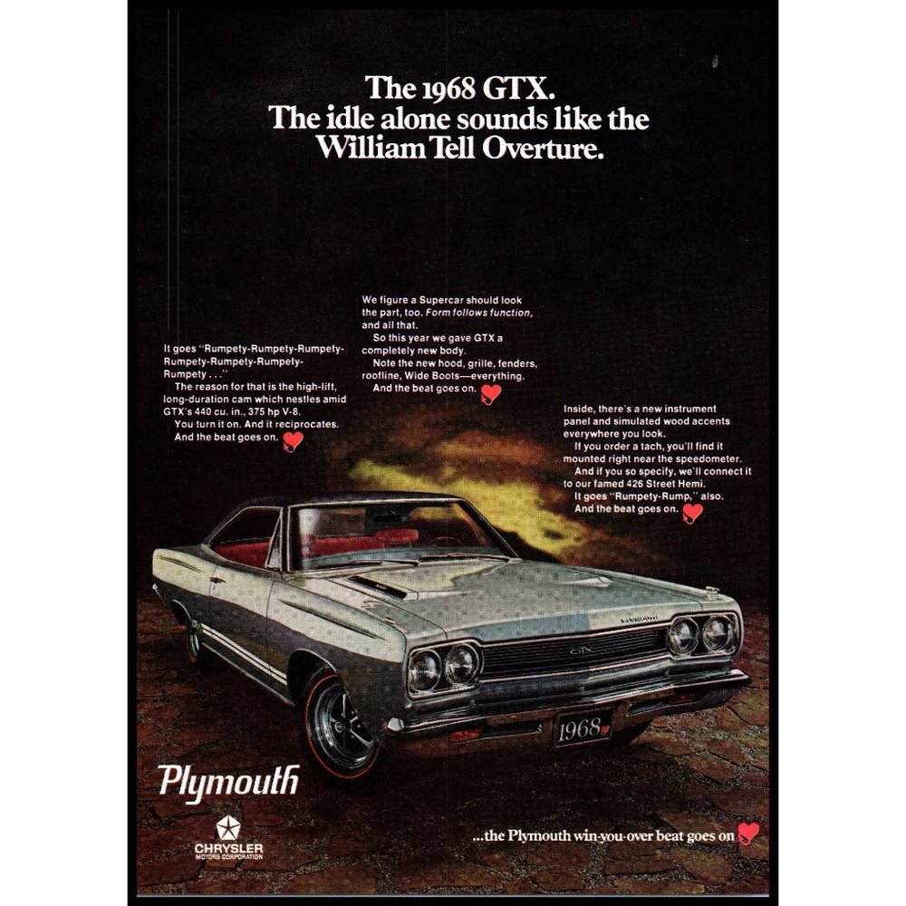 1968 Plymouth GTX 440 Muscle Car Vintage Print Ad Red Stripe Tires Wall Art